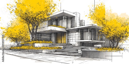 Modern architectural sketch with vibrant yellow foliage surrounding a multilevel residential structure.
