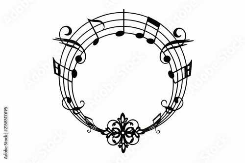 Elegant circular musical staff border featuring ornate filigree accents and various notes as a decorative vector graphic design art element