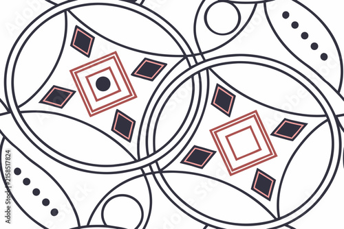 Geometric vector illustration showing intricate overlapping circles and sharp diamond shapes with elegant outlines on a clean white professional background