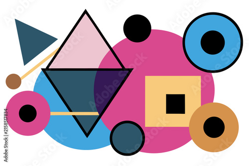 Minimalist vector illustration featuring colorful geometric shapes including bright circles triangles and squares arranged in a clean modern artistic composition