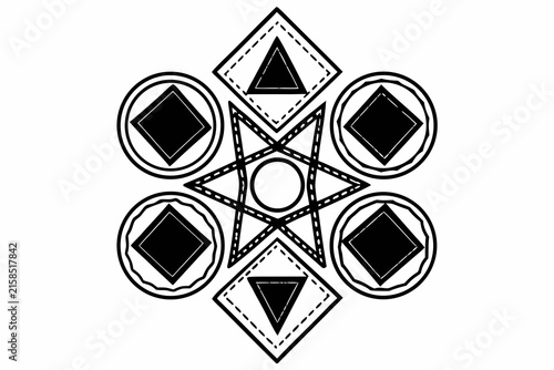 Geometric vector illustration featuring a symmetrical black and white pattern of stars circles and squares arranged in a decorative balanced composition