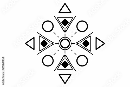Minimalist vector graphic illustration featuring geometric shapes like triangles and circles arranged in a symmetrical pattern for modern artistic design
