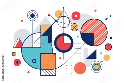 Geometric vector illustration featuring abstract colorful shapes charts and data analysis elements for modern creative business presentation and web design
