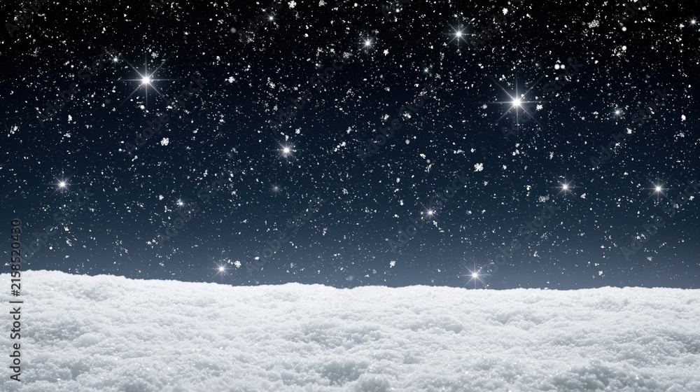 Fototapeta premium Bright stars illuminate falling snowflakes over a snowcovered landscape.