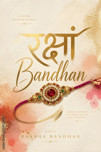 Raksha Bandhan celebration with golden Hindi typography, pink watercolor splash and magenta thread Rakhi with bright red gemstone design