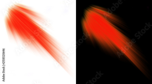 Dynamic red light streak with motion blur, glowing energy beam on black and white backgrounds, abstract speed trail for sci-fi design