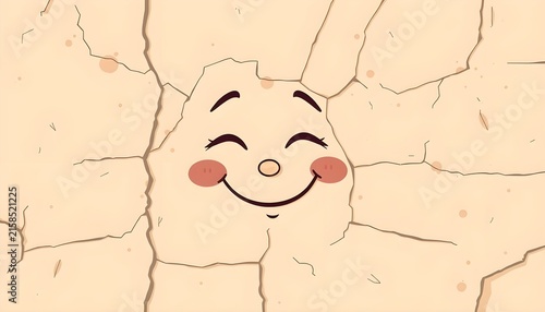 Cracked face with smiling expression on beige surface