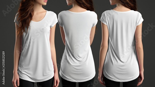 Three views of a woman wearing a plain white top showcase its form and drape.