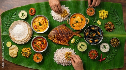 Traditional South Indian Meal Served on Banana Leaf With Rice and Curries