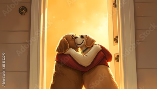 Two dogs hugging each other in a doorway