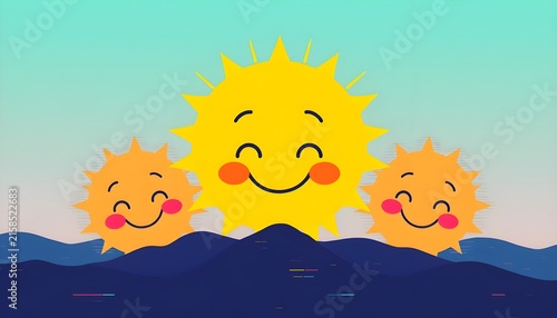 Three smiling sun characters over mountain silhouette