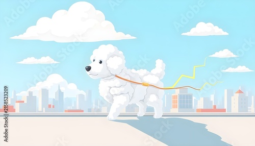White fluffy dog on leash walking through city skyline