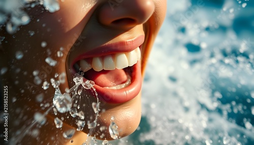 Woman splashing water on face with open mouth smiling freshness