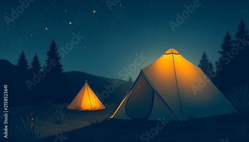Two glowing tents on hillside at night, Generative AI