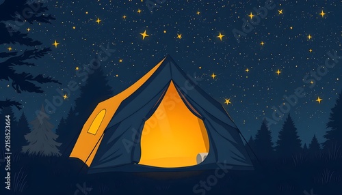 Illuminated tent among pine silhouettes, starry night, Generative AI