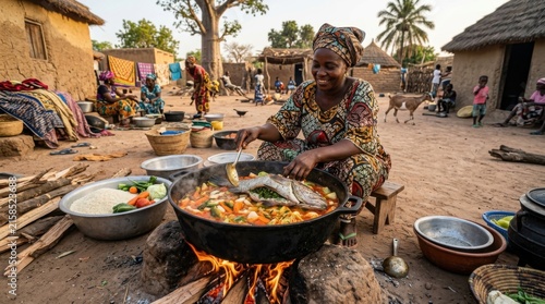 Traditional Outdoor Village Cooking Over Open Fire With Large Pot
