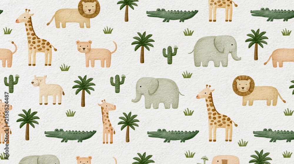 Fototapeta premium The Safari Animal Pattern: Whimsical Elephants Giraffes Lions and Crocodiles Repeating