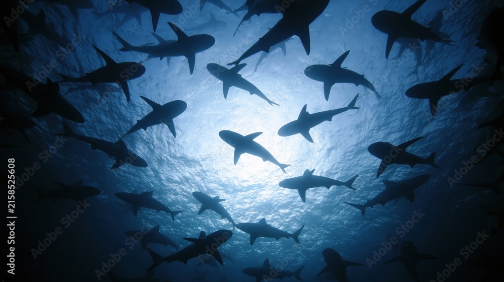 Obraz premium The Shark Swarm Gliding Silhouettes Beneath Sunlit Ocean Surface in Deep Blue