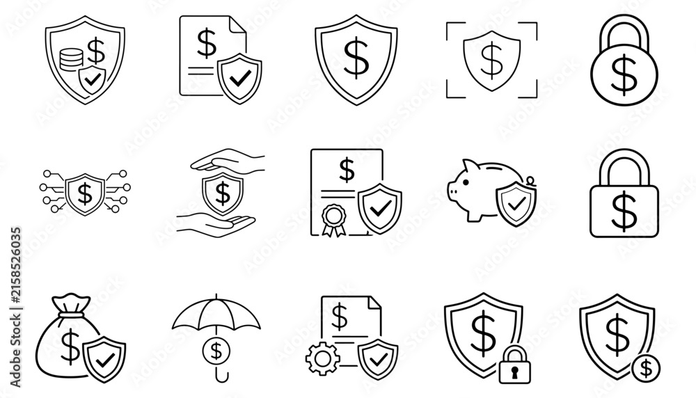 Fototapeta premium Sets of 15 outline financial protection icons for insurance, savings, banking, security, and safety.