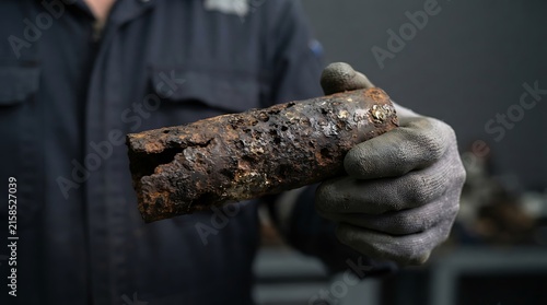 Industrial Worker Holding Heavily Corroded Rusty Metal Pipe Showing Severe Corrosion Damage and Pitting in Factory Setting for Maintenance and Repa...