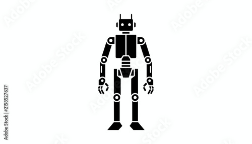 Sleek black silhouette icon of a futuristic humanoid robot standing straight and isolated on a clean white background.