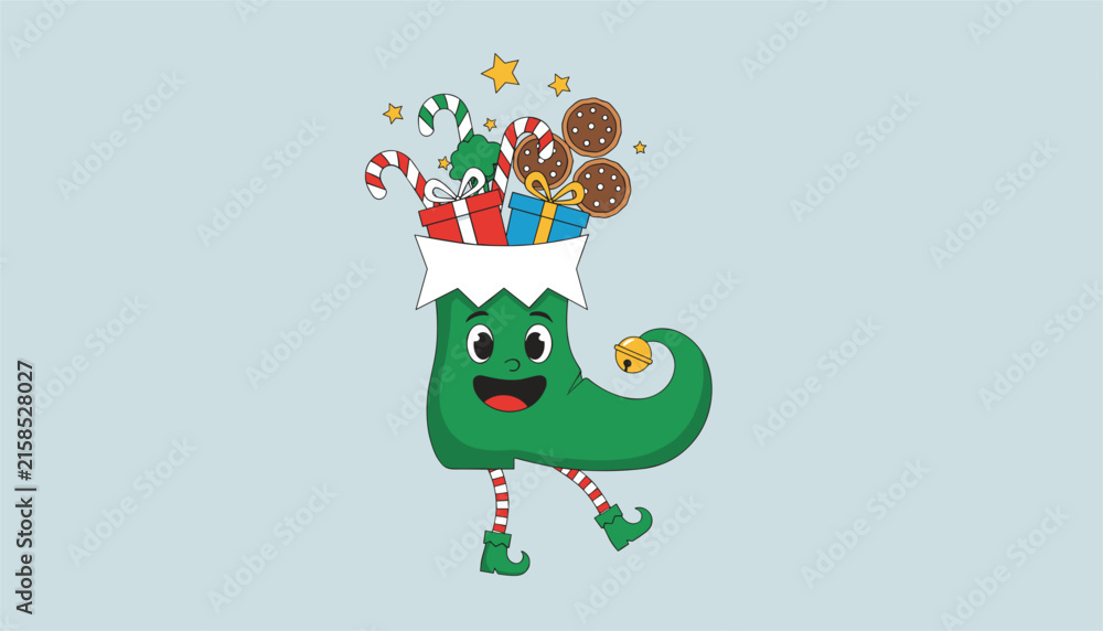 Naklejka premium Cheerful green elf boot stocking filled with candy canes, gifts, and cookies walking on a clean light blue background.