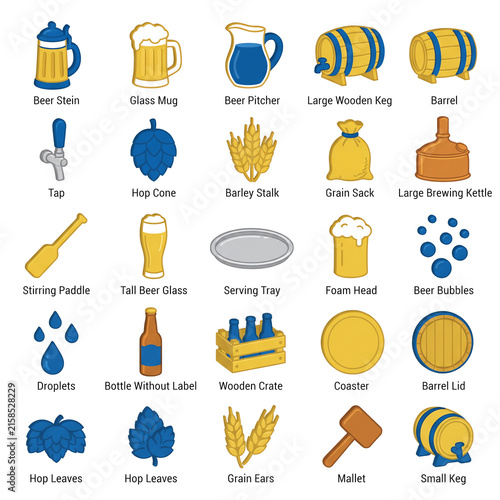 Beer Making Icons Ingredients Equipment and Drinks