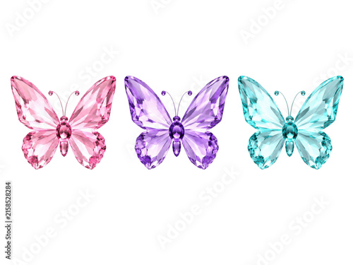 Three crystal butterflies in pink purple and light blue shades for elegant graphic design work.