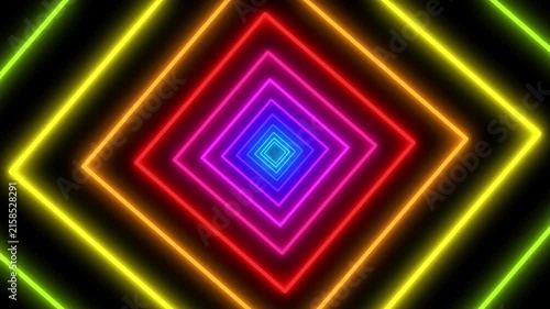 Abstract vibrant neon glowing diamond tunnel background, modern geometric shape pattern with colorful light effects creating a mesmerizing visual illusion