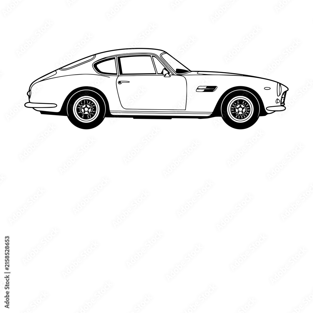 Naklejka premium Classic sports coupe car vector illustration, vintage luxury vehicle side view line art.