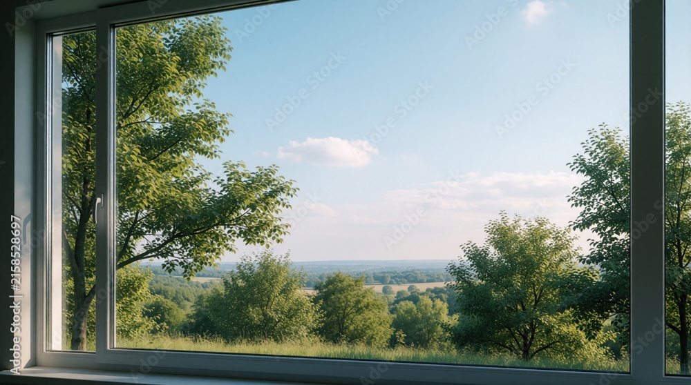 Fototapeta premium Peaceful view through large glass window. Green trees, bushes grow in summer garden under clear blue sky. Bright daylight shines on nature landscape from inside home. Calm residential scenery with