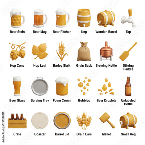Brewing Elements Beer Making Icons Stein Keg Hops Barley Bubbles
