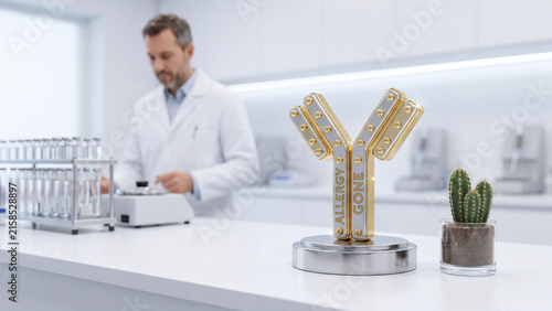 Antibody structure model labeled allergy gone rests on a white table in a medical research lab.