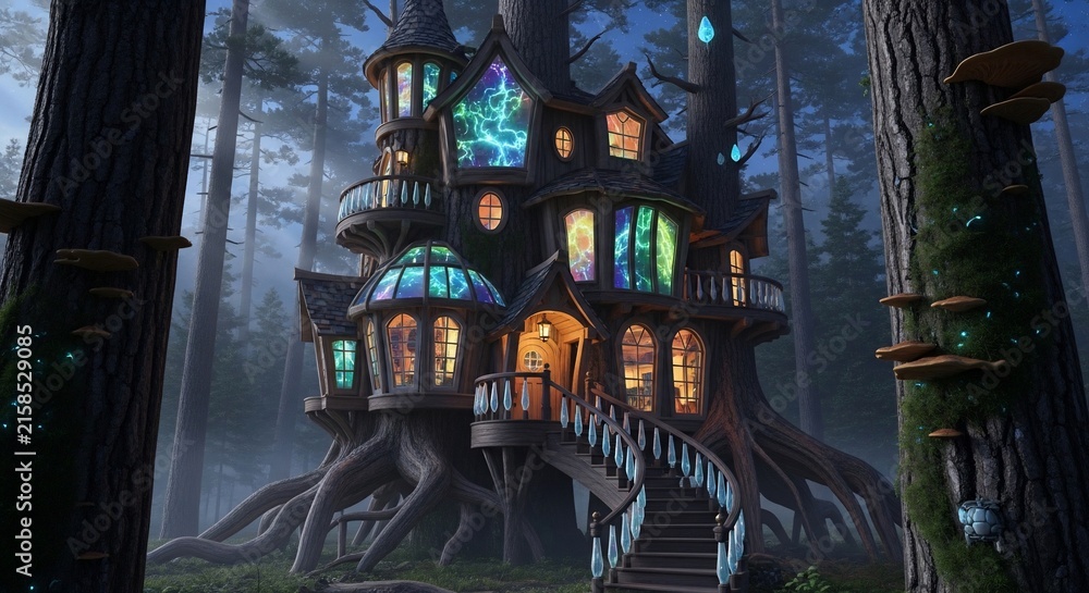 Obraz premium Treehouse featuring a whimsical multi-level wooden structure nestled securely within a dark forest canopy at night.