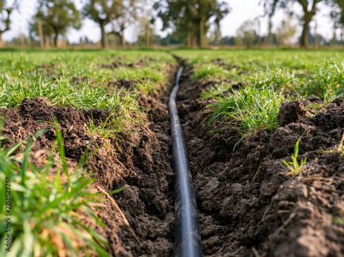 A close-up perspective shows a black irrigation pipe laid in a trench on fertile soil, bordered by vibrant green grass and trees in the background.