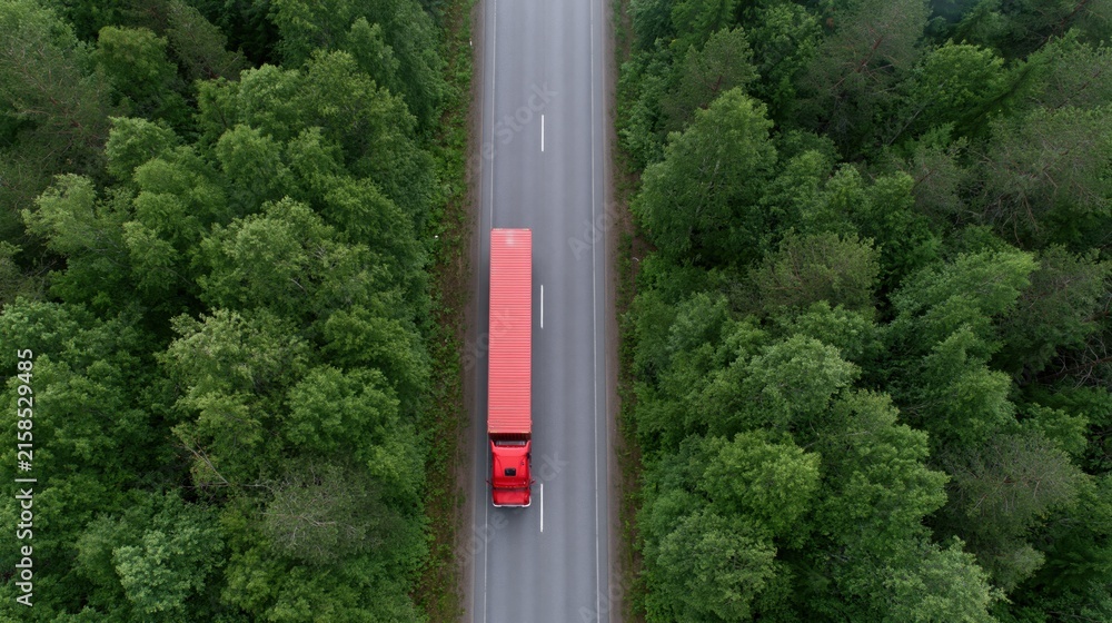 Naklejka premium The Red Truck on a Forest Road Captured from Above