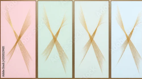 Panel kuchenny z motywem Abstract gold lines intersect on pastel backgrounds. Triptych wall art forms modern elegant decor. Minimalist design adds stylish touch to any interior space.