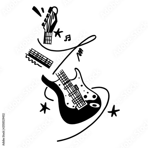 Abstract electric guitar doodle with stars and musical notes line art, vector illustration of dynamic rock n roll music graphic isolated on white background.