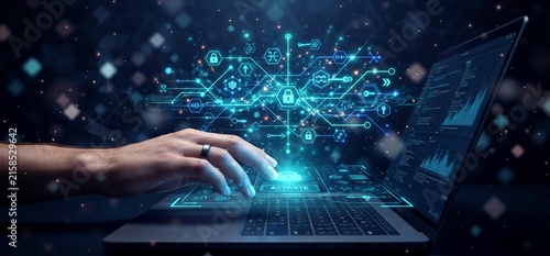 Plakat Hand activates holographic quantum key distribution encryption grid