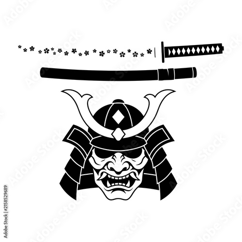 Foto Samurai helmet mask and katana sword japanese warrior traditional history icon