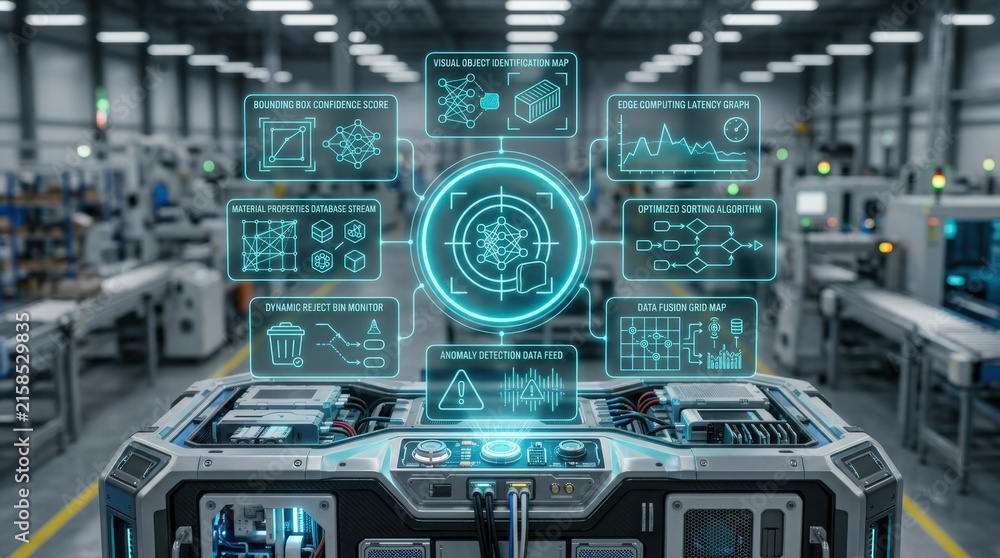 Fototapeta premium High-tech AI object classification mainframe with glowing holographic data interfaces in a futuristic automated industrial warehouse for cargo container sorting.