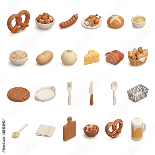 German Food Collection Pretzels Sausages Chicken Potatoes Cheese Beer