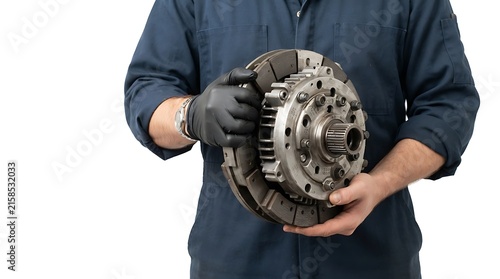 Professional Mechanic Holding Car Clutch Assembly for Automotive Repair and Maintenance Service Concept
