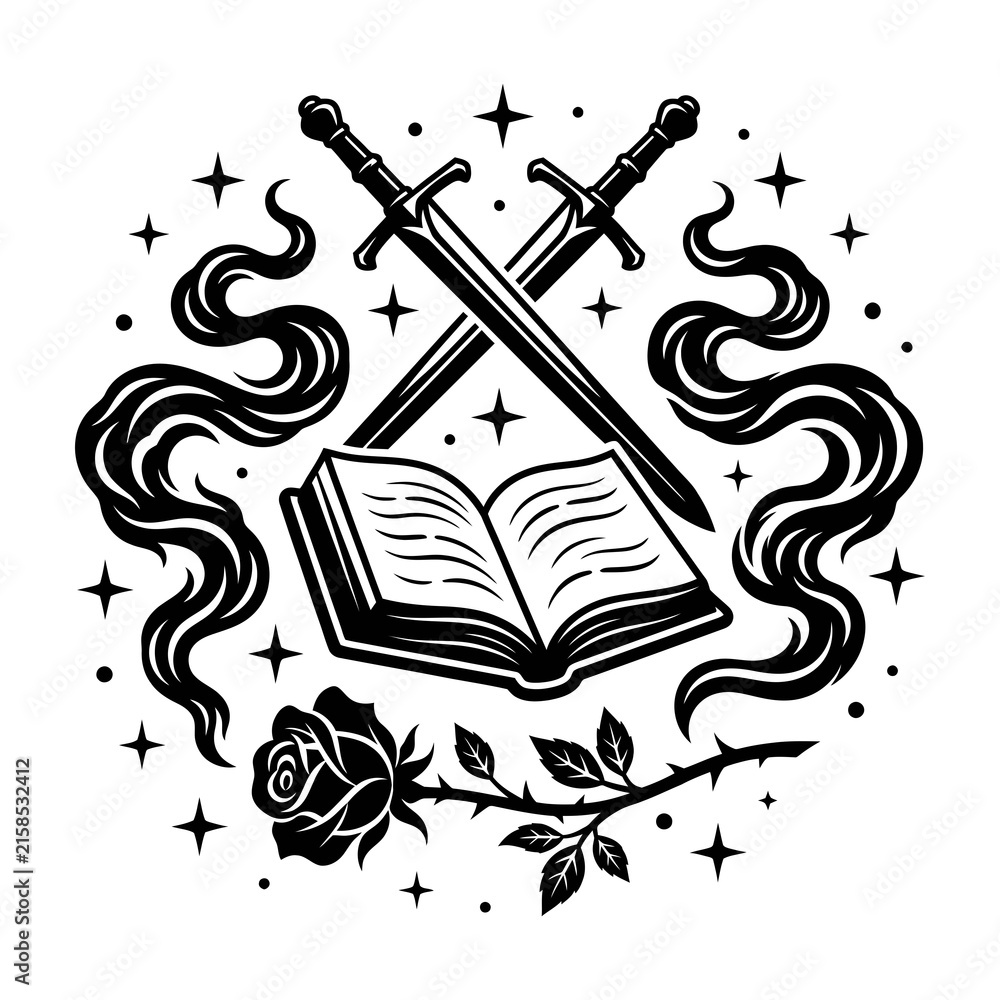 Fototapeta premium Swords crossed over open book with rose and smoke symbols