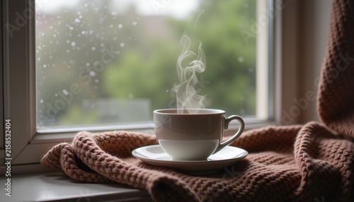 steaming cup of tea on a saucer, placed beside a knitted blanket, viewed through a rainy window with greenery outside, concept cozy atmosphere