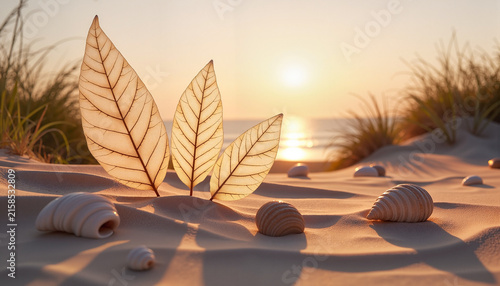 delicate leaves and seashells resting on sandy beach at sunrise with calming water in the background, concept tranquility