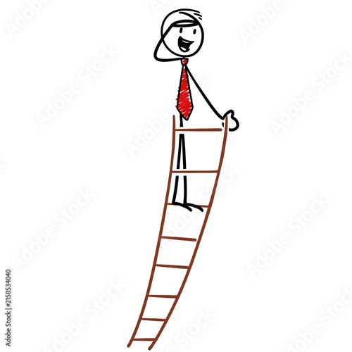 Someone climbs a very high staircase and looks around.