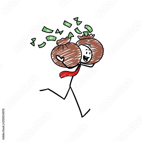 A person with a happy expression lifting two large bags filled with a lot of money.