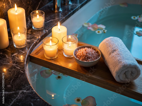 Candlelit Home Spa Bath Setting for Relaxing Self Care Ritual