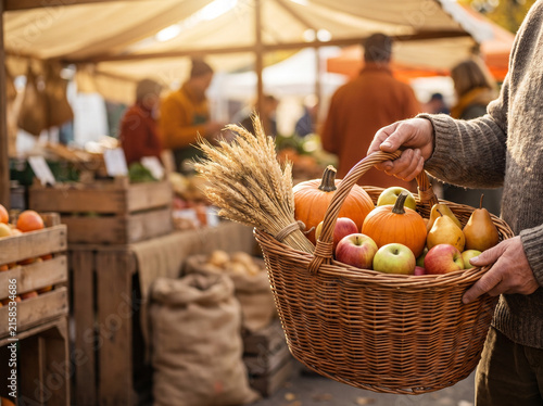 Basket of Fresh Seasonal Autumn Produce at Outdoor Farmers Market